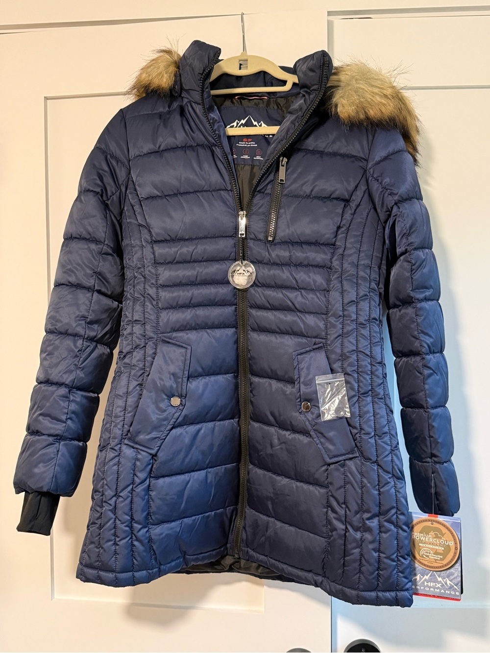 NWT HFX Premium Powercloud Faux Fur Hooded Puffer Coat Marine Navy Size Small